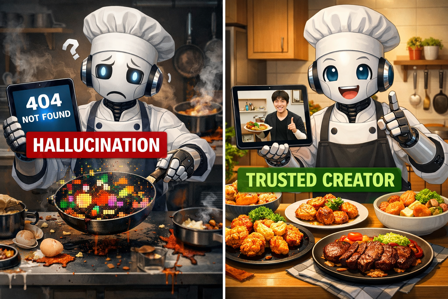 ロボットが、参考とするレシピを見つけられず困っている様子と推しのYoutuberの動画を見て料理している画像。