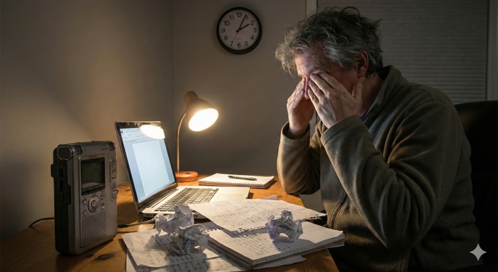 深夜1時半、散らかった書斎で目をこする50代男性。PC画面は白紙。横には古いICレコーダーと乱雑なメモ。疲労と絶望感。