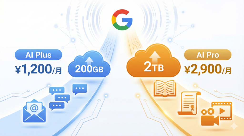 GoogleのAIプラン比較図解。左側は「AI Plus（月額1,200円・200GB）」でメールや文章作成向き、右側は「AI Pro（月額2,900円・2TB）」で動画生成や大量データ処理向きであることを、アイコンとパス（道筋）で視覚的に対比させている。