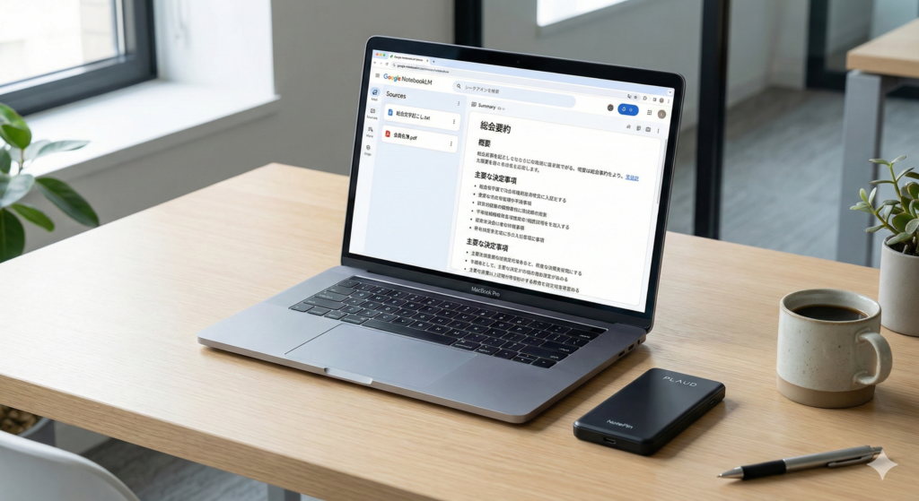 ノートPCの画面にGoogle NotebookLMが表示されている。左側に「総会文字起こし.txt」「名簿.pdf」、右側に綺麗な議事録。横にNotePin本体。