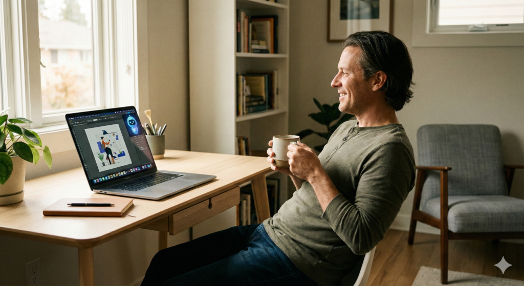 AIでPCトラブルを自己解決し、自分時間を取り戻してリラックスしている様子。