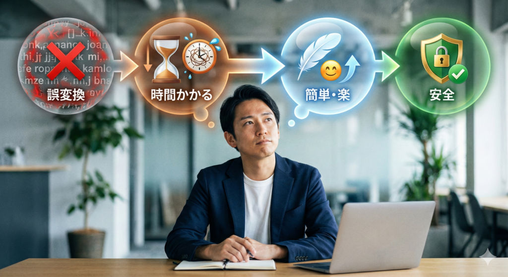 ビジネスパーソンの頭上に浮かぶ思考フロー図。左から「誤変換（赤）」「時間かかる（オレンジ）」という悩みが、「簡単・楽（青）」「安全（緑）」という解決策へ順に変化していく様子を示す。
