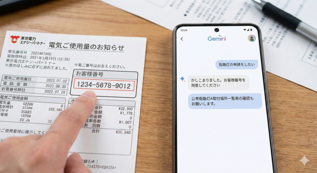電力会社から届いた領収書とGemini(AI)に相談している様子