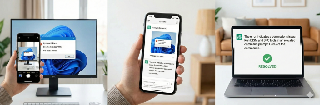 エラー画面を撮ってAIに貼り、解決策を聞く3ステップの手順を示すイメージ写真。