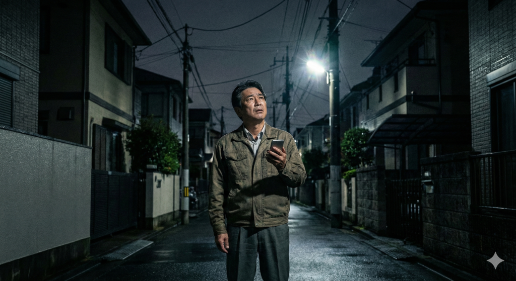 街灯のある場所を探す町内会長