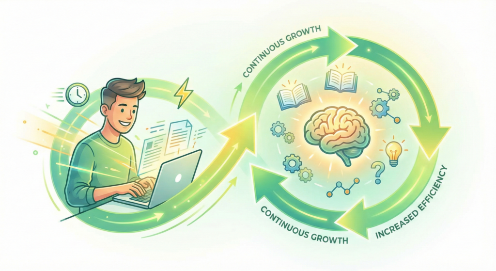 議事録作成のアウトプットがそのまま専門知識の最強インプットになる成長サイクルの図。