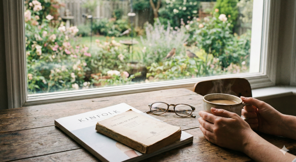 穏やかな週末の朝。コーヒーを片手に庭を眺める手元。テーブルには趣味の本。仕事道具はない。リラックスした雰囲気。