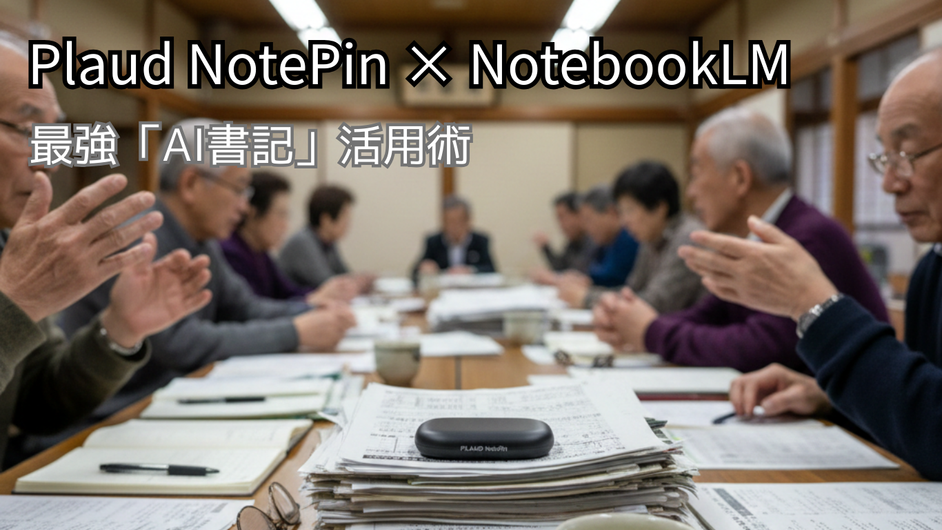 雑然とした公民館の会議テーブル。お茶の横に置かれた黒いPLAUD NotePin。背景には話し合う高齢者たちの手元。忙しいが熱気のある雰囲気。