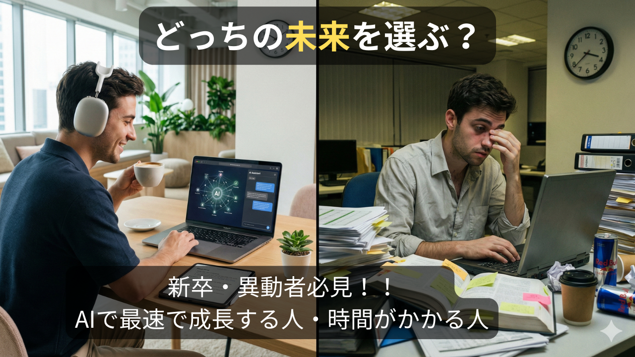 AI勉強術で最速で成長する新卒社員（左）と、旧態依然とした業務に追われる社員（右）の対比。